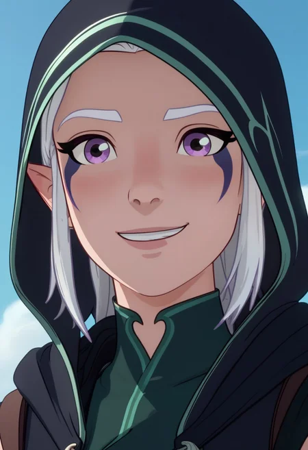 Score_9, Score_8, Score_7, TDPStyle, TeRay, Wearing Hood, Elf, Moonelf, White Hair, Purple Facial Marks, close up, looking down at viewer, smiling,