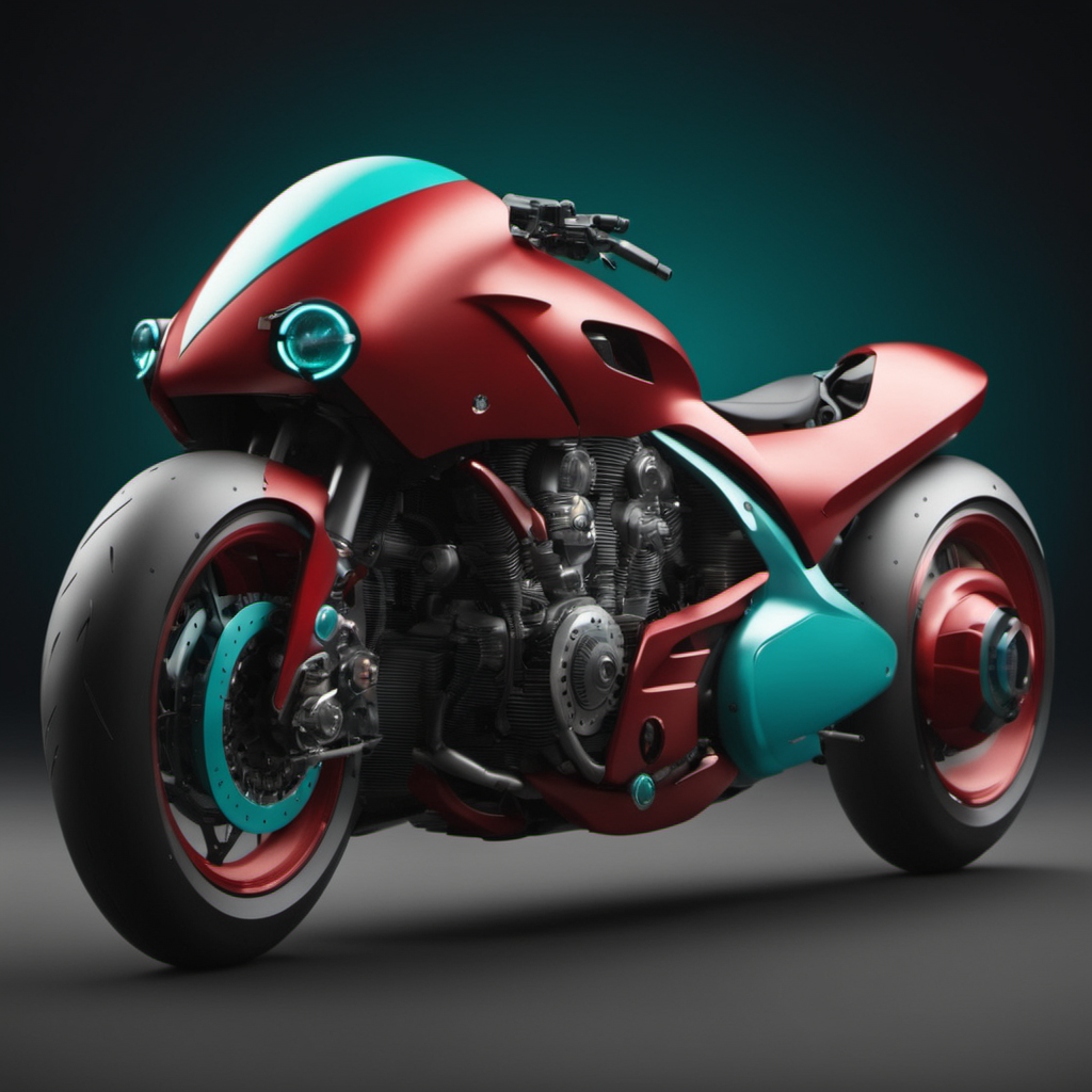 cinematic photo bike, concept futuristic design , red and teal color paint sty;e,  <lora:BikeMaker-SDXL:1.3>,  side view, dark studio . 35mm photograph, film, bokeh, professional, 4k, highly detailed