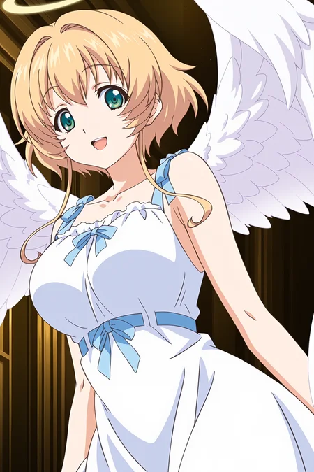 anime screencap, anime coloring, detailed face, masterpiece, best quality, very aesthetic, absurdres, volumetric lighting, official style, amazing quality, ultra detailed,  highres, amazing quality, scenery, beautiful detailed hair, beautiful detailed eyes,
<lora:StS-Illustrious-Detail-Slider-v1.0:4>
 <lora:Firika_Mia_Shatana_and_Sera_Mitra_Airun_Nuki_Doki_Tenshi_to_Akuma_no_Sakusei_Battle:1>, 
Sera Mitra Airun (character), 1girl, wings, breasts, solo, blonde hair, green eyes, open mouth, feathered wings, white wings, short hair with long locks, short hair, hair intakes, looking at viewer, cowboy shot, sweet smile white dress, halo,