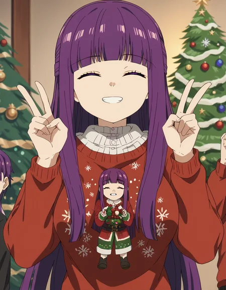 score_9, score_8_up, score_7_up, source_anime, <lora:fern-s1-v2-ponyxl-lora-nochekaiser:1>, fern, long hair, bangs, purple eyes, purple hair, sidelocks, blunt bangs, bright pupils, half updo, large breasts, anime screencap, <lora:christmas-sweater-ponyxl-lora-nochekaiser:1>, christmas sweater, christmas, ugly sweater, print sweater, red sweater, christmas tree, christmas ornaments, sweater, multicolored sweater, , v, smile, hands up, teeth, closed eyes, cowboy shot,, , dutch angle, cowboy shot