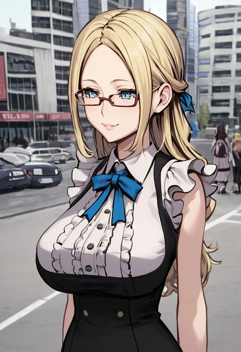 score_4,score_5,score_6,score_7_up,score_8_up,score_9 ((masterpiece,best quality,ultra detailed,highres,HD,4k:1.2)),
1 girl,adult girl,solo,solo focus,
((upper body,face focus)),
long hair,blonde hair,large breast,forehead,glasses,blue eyes,
frill,dress,ribbon,black thighhighs,high heels,black thighhighs,zettai ryouiki,
shibuya,city,outdoors,
A smug, triumphant look,doyagao,