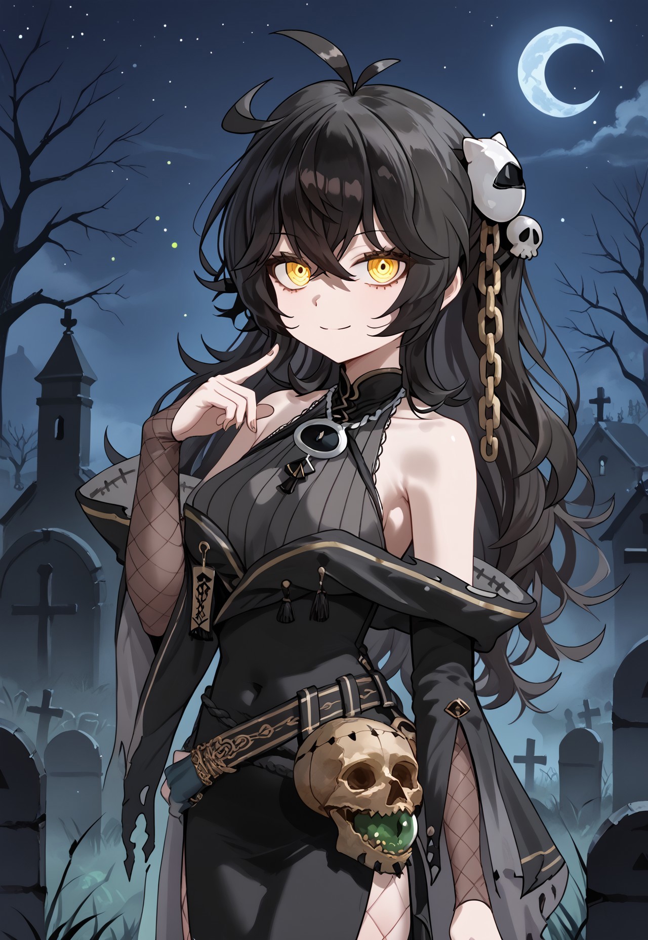 handfixer, Grimmi2nd, long hair, bare shoulders, black hair, yellow eyes, bangs, skull hair ornament, fishnet pantyhose, hair between eyes, black dress, ahoge, antenna hair, belt, messy hair, detached sleeves, bags under eyes, 

from side, looking at viewer, evil smile, glowing eyes, hand up,

night, night sky, graveyard,