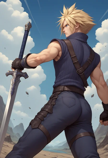 score_9, score_8_up, score_7_up, source_anime, cloud strife, final fantasy, 1boy, blonde hair, blue eyes, holding weapon, buster sword, from behind, ass, fighting stance, solo,