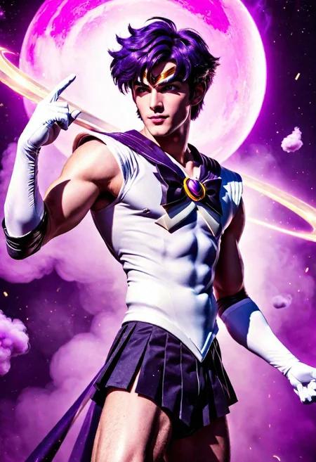 League of Legends, 1male, male focus, riot style, digital art, concept art, realistic, fantasy, 4k, best quality, masterpiece, extremely detailed, very detailed face, very detailed eyes, dynamic angle, seen from the side, dynamic pose, full body, dancing pose, rising hand, 3D, sci fi poster of a lean male, MAN, MALE, short, gorgeous, stunning, young man, purple hair, medium hair, emo hair, round face, huge plumped lips, big lips, blushed, videogame eyes, shaved beard, man only, mysterious, smirking, wearing a sailor saturn dress, sailor senshi uniform, with a glaive, flying in space, surrounded by smoke, (cinematic light, volumetric), Cinematic Shot, splash art