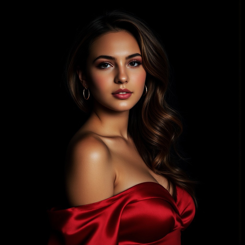 Brazilian woman, 26 years old, oval face, high cheekbones, almond-shaped deep brown eyes, long curled lashes, full lips, golden tan complexion, naturally arched eyebrows, voluminous wavy dark brown hair cascading into shadows, vintage glam aesthetic, dramatic chiaroscuro lighting, high contrast between deep shadows and striking highlights, warm directional lighting, deep shadows enveloping background, gold hoop earrings catching the light, luxurious flowing red satin gown, off-the-shoulder design, rich fabric textures, moody cinematic atmosphere, inspired by Caravaggio and Rembrandt, high-fashion editorial style, intense yet elegant gaze, refined posture. OpalSkyAI