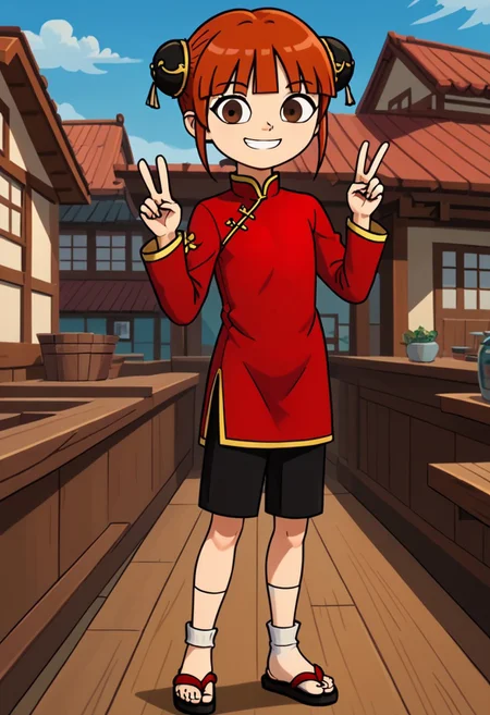 score_9, score_8_up, score_7_up, 1girl, solo, Fiore_DC, light skin, brown eyes, red hair, short hair, Double bun, bun cover, black bun cover, bangs, white socks, sandals, Chinese clothes, China dress, red cheongsam, long sleeves, black pants, big eyes, young, petite, small body, short body, child, flat chested, social smile, perfect eyes, perfect smile, looking at the viewer, detailed eyes, perfect eyes, standing, five fingers, perfect hands, hands sign peace, high-tech oedo town, blue sky, daytime, good weather, nice