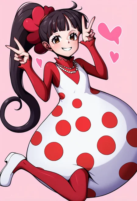 score_9, score_8_up, score_7_up, score_6_up, score_5_up, score_4_up, source_anime, aaflampe, long hair, black hair, ponytail, brown eyes, small breasts, necklace, red shirt, polka dot dress, white dress, long sleeves, red pantyhose, <lora:charlotte_flampe_ponyxl_v1:0.9>, white footwear, round puffy dress, puffy dress, ball shape puffy dress, peace sign, smile,