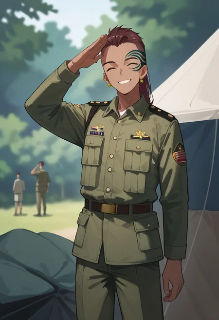 score_9, score_8_up, score_7_up, source_anime, rating_safe, salute, WyperOP, green Wyper headpaint, (dark red Wyper ponytail), closed eyes, yellow Wyper earrings, 1boy, male focus, collared shirt, pants, military uniform, smile, blurry outdoors camp, trees, tent, multiple boys, solo focus, happy-cheery,