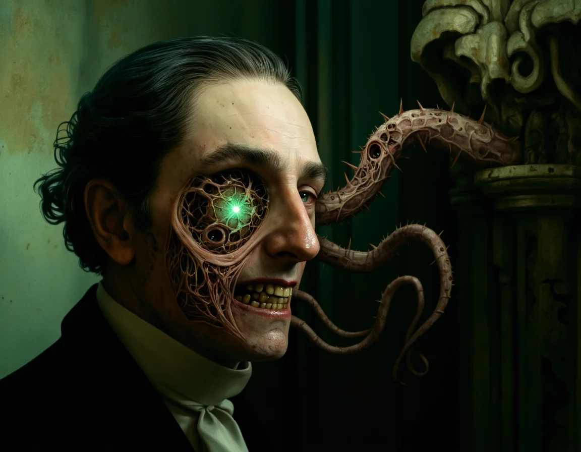 <lora:Oddart:0.8> oddart, A haunting, hyper-detailed illustration of a gaunt, pale-skinned man with sunken cheeks and a twisted, macabre grin, his eyes grotesquely overgrown with thick, thorny vines that seem to be sprouting from his eye sockets like dark, organic tendrils. The man's skin is deathly pale, with visible, darkened veins and a subtle, mottled texture, while his hair is a wild tangle of black locks that appear to be infused with tiny, glowing thorns. His eyes, or what's left of them, are an unsettling, milky white, with the thorny growths bursting forth from the sockets like a mad, botanical experiment gone wrong. The lighting is dim, with an eerie, emerald green glow emanating from the thorny plants, casting an otherworldly, unsettling ambiance over the entire scene. The background is a dark, muted green, with hints of ancient, crumbling stone and twisted, nightmarish foliage that seems to be closing in around the man like a living, breathing entity. The shot is a close-up, with a shallow depth of field that blurs the background, drawing the viewer's attention to the man's grotesque, thorn-encrusted eyes. The overall mood is one of dark, gothic horror, with a sense of foreboding and unease that permeates every aspect of the image. The illustration features a mix of photorealistic and painterly elements, with bold, expressive brushstrokes and vivid, unsettling colors that seem to pulse with a malevolent, otherworldly energy. . 35mm photograph, film, bokeh, professional, 4k, highly detailed