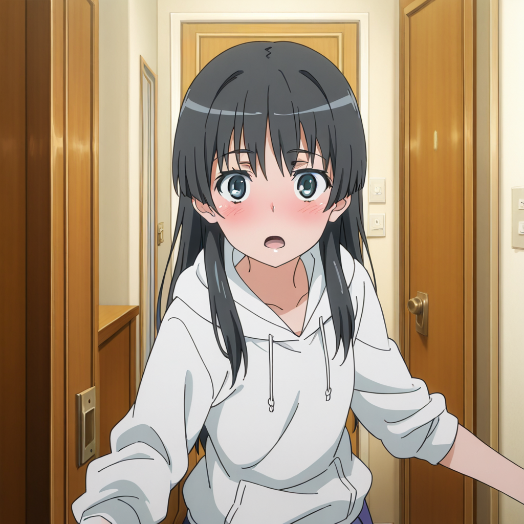 nsfw, masterpiece, best quality, amazing quality,1girl, solo, index_railgun_saten_ruiko, long hair, black hair, hoodie, hood, open mouth, looking at viewer, door, white hoodie, opening door, anime coloring, blush, indoors, hood down, bangs,<lora:Saten_Ruiko_-_Index_Railgun:0.7>