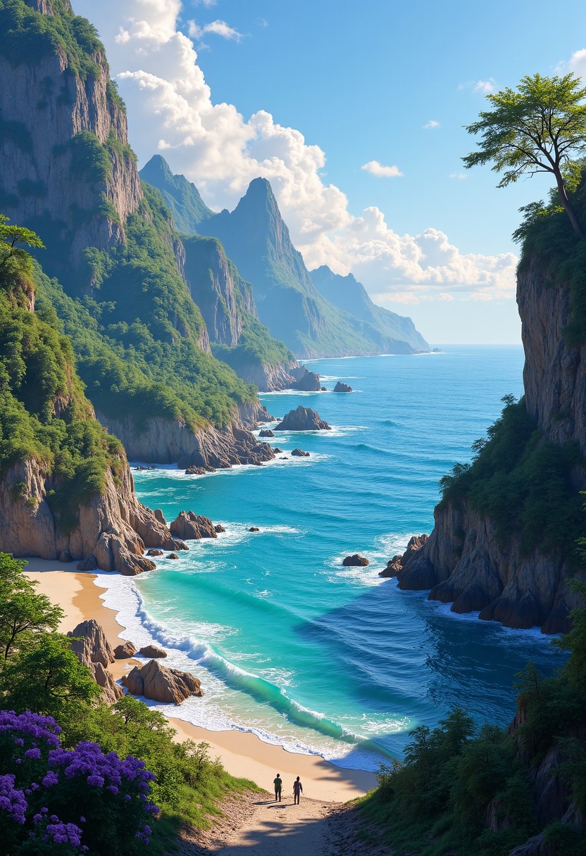 fantasy style, seaside, masterpiece, best quality, fantasy world magical landscape, ((realistic)), intricate details, 8k, highres, sharp image, sharp focus, mesmerizing, ultra detailed, highiest texture resolution, vivid colors, high quality and detailed scenery, highly detailed image, dynamic angle, depth of field