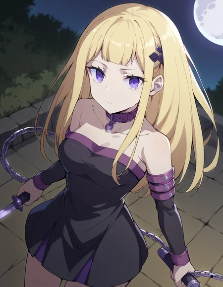 score_9, score_8_up, score_7_up, source_anime, <lora:rezero-sylphy-s3-p1-ponyxl-lora-nochekaiser:1>, sylphy, long hair, bangs, purple eyes, blonde hair, hair ornament, blunt bangs, medium breasts,, <lora:fate-medusa-rider-cosplay-ponyxl-lora-nochekaiser:1>, fate medusa rider cosplay, medusa (rider) (fate) (cosplay), bare shoulders, belt collar, collar, collarbone, detached sleeves, dress, long sleeves, pleated dress, short dress, strapless, strapless dress, zettai ryouiki,, outdoors, night, moon, from above, dagger, holding, holding weapon, chain,, cowboy shot, looking at viewer, , dutch angle, cowboy shot