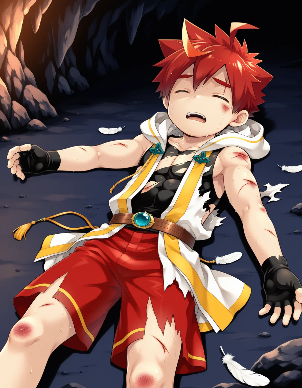 masterpiece,best quality,amazing quality
BREAK
izumi,solo,1 boy,tilt head,(exhausted:1.2),closed eyes,Bruised body ,pain,,(injury:1.5),lying,open mouth,(torn clothes:1.2),sweat,,open hand,spread arms,ahoge, male focus, multicolored hair, red hair, shorts, sleeveless, black gloves, hood, fingerless gloves,, feathers, red shorts,cave
BREAK
<lora:izumi_ill_hassaku_896_1152_v1:1>