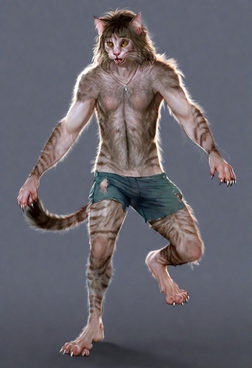 .1man,24 years old,(brown hair,long hair,wavy hair,layered hair),handsome,(transformation,species transformation:0.8) into (cat),feral transformation,confused,(realistic),full body shot,body horror,cat feet,human hands,man morphing into tabby cat,embarrassed,(realistic fur, hairy fur, wiry hair over body, (thick fur over body), detailed fur texture),claws,paws,human eyes,cat pupils,
