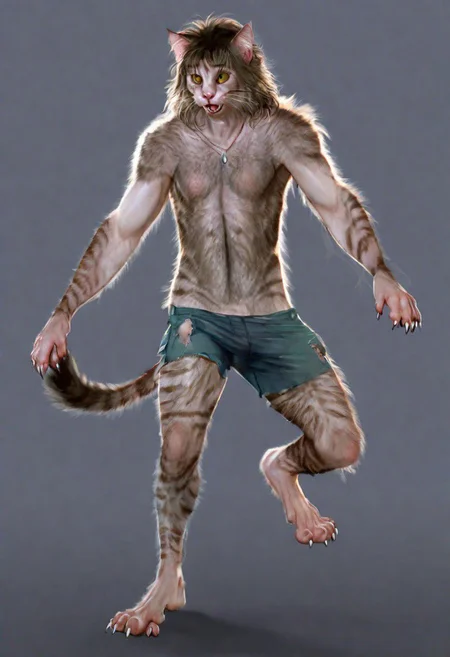.1man,24 years old,(brown hair,long hair,wavy hair,layered hair),handsome,(transformation,species transformation:0.8) into (cat),feral transformation,confused,(realistic),full body shot,body horror,cat feet,human hands,man morphing into tabby cat,embarrassed,(realistic fur, hairy fur, wiry hair over body, (thick fur over body), detailed fur texture),claws,paws,human eyes,cat pupils,