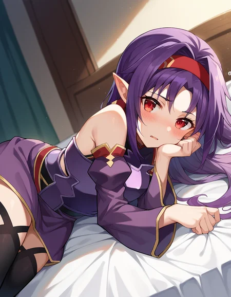 score_9, score_8_up, score_7_up, source_anime,
yuukikonno, <lora:yuuki-konno-ponyxl-lora-nochekaiser:1>,
yuuki konno, hairband, long hair, pointy ears, purple hair, red eyes,
black thighhighs, detached sleeves, thighhighs, dress, purple dress, armor, purple armor,
indoors, bed, bed room, on side, blush, drunk,
looking at viewer, cowboy shot, solo, dutch angle,