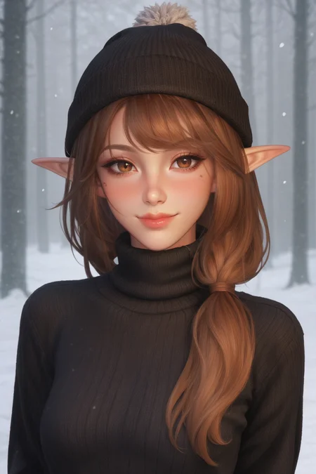 score_9, score_8_up, score_7_up, score_6_up, ((sketch)),
1 female, solo, portrait, looking at viewer,
elwyn, elf ears, brown hair, brown eyes, hair over one shoulder,
thin, petite, lips, cute, black sweater, long sleeves, turtleneck, snow, forest, narrowed eyes, black beanie, smile, blush, happy
<lora:Elwyn:0.6>
