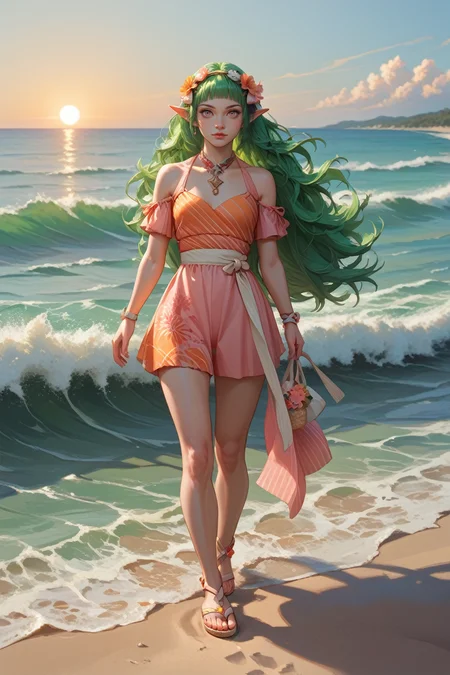 score_9, score_8_up, score_7_up, score_6_up
<lora:FESothis:1.0>
FESothis, 1girl, green hair, long hair, blunt bangs, pointy ears, looking at viewer, walking barefoot on a sandy beach, holding sandals in one hand, waves gently lapping at the shore, vibrant sunset with pink and orange hues, relaxed and contemplative atmosphere