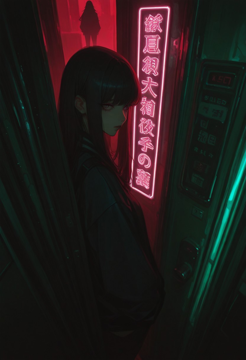 7481llu, masterpiece,  best quality, newest, highres, absurdres, <lora:LeIsT0_style:1>,LeIsT0_illu,Dark anime style, silhouette of a girl with long hair, red doorway, green walls with Japanese text, eerie atmosphere, high contrast, cyberpunk aesthetics, neon lights, mysterious, foreboding, digital art, 2D illustration, dramatic lighting, moody color palette