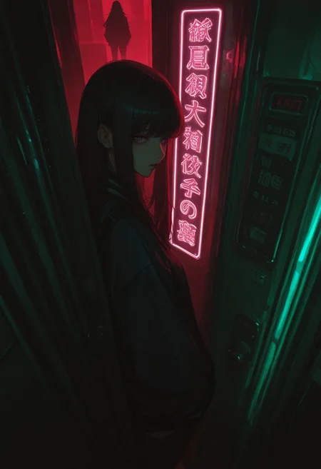 7481llu, masterpiece, best quality, newest, highres, absurdres, <lora:LeIsT0_style:1>,LeIsT0_illu,Dark anime style, silhouette of a girl with long hair, red doorway, green walls with Japanese text, eerie atmosphere, high contrast, cyberpunk aesthetics, neon lights, mysterious, foreboding, digital art, 2D illustration, dramatic lighting, moody color palette