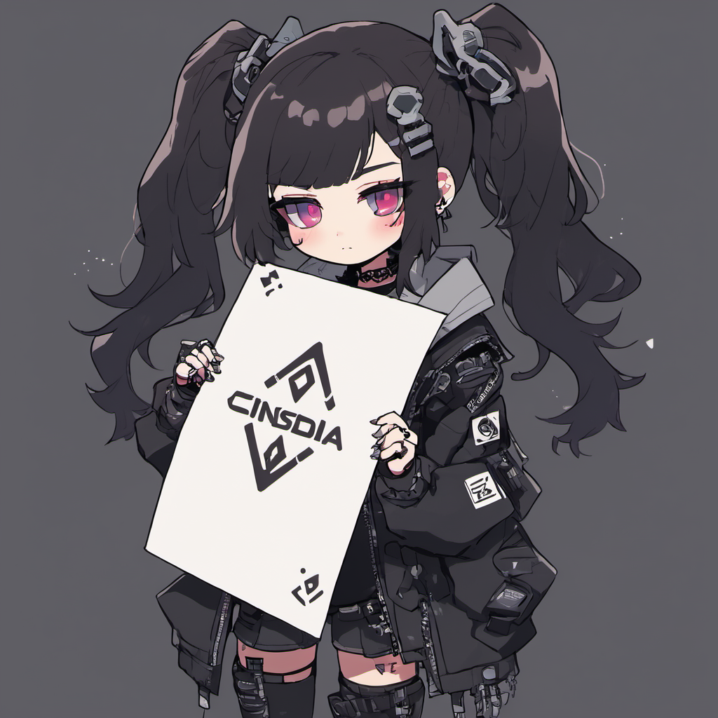 One cyberpunk girl held a blank piece of paper with Cinsdia written on it <lora:chibi_anime-000005:1>