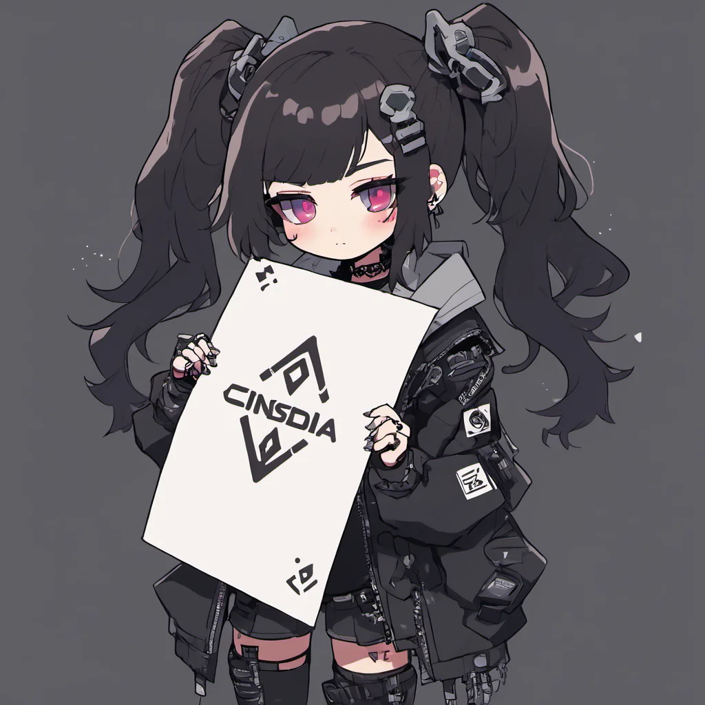One cyberpunk girl held a blank piece of paper with Cinsdia written on it <lora:chibi_anime-000005:1>