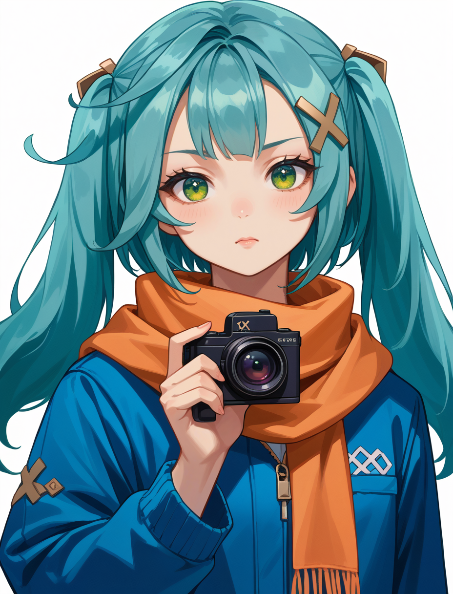 score_9, score_8_up, score_7_up, source_anime, <lora:wrenchGIFruzanCafe-000009:1>, wrnchgifrzncafe, long hair, green eyes, x hair ornament, aqua hair, twintails, 
1girl, blue jacket, camera, holding, jacket, looking to side, orange scarf, scarf, simple background, upper body, white background, holding camera, solo,