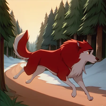score_9, score_8_up, score_7_up, score_6_up, score_5_up, score_4_up, BREAK, <lora:Jennabalto:1>, 1girl, jenna\(balto\), animal, solo, wolf, two tone fur, red fur, white fur, outside, running, trees, daytime, amber eyes,