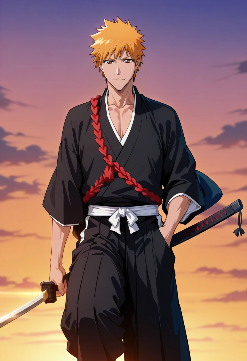 masterpiece, best quality, intricate details, , looking at viewer, , 1boy, solo, male focus, <lora:ichigo_kurosaki_ilxl:1>, ichigo_kurosaki, 1boy, orange hair, brown eyes, short hair, spiked hair, , japanese clothes, sword, cowboy shot, school, dawn, one leg up, :\3,