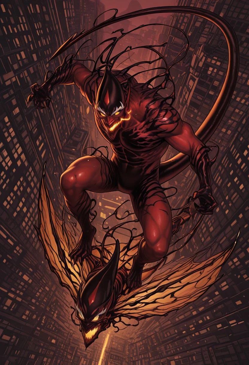 smooth, anime, Smooth Quality, outdoors, bright, solo, 1boy, full body, perfect anatomy, masterpiece, high quality, best quality, highres, aesthetic, athletic, red_goblin, red_symbiote, symbiote, demon tail, huge tail, white eyebrows, two toned skin, red and black skin, pointy head, pointy nose, big ears, sharp teeth, glowing mouth, yellow eyes, glowing eyes, (flying_on_glider), city,