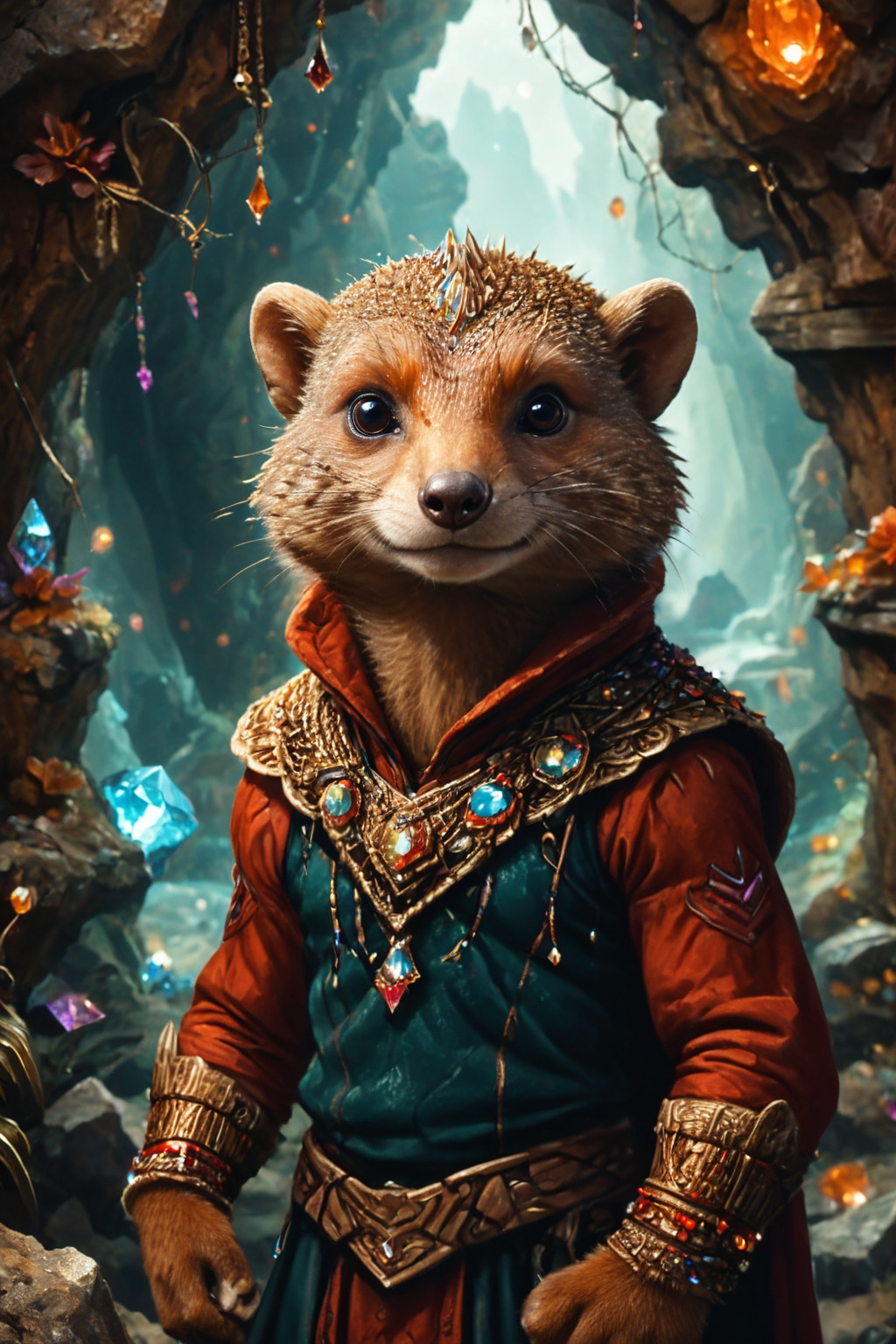 Detailed digital portrait of an anthro Mongoose at a Hidden cavern with glowing crystals, <lora:xl_more_art-full_v1:0.5>,  <lora:The_Crazy_Style:0.7> <lora:anthro_muscular:0.7>