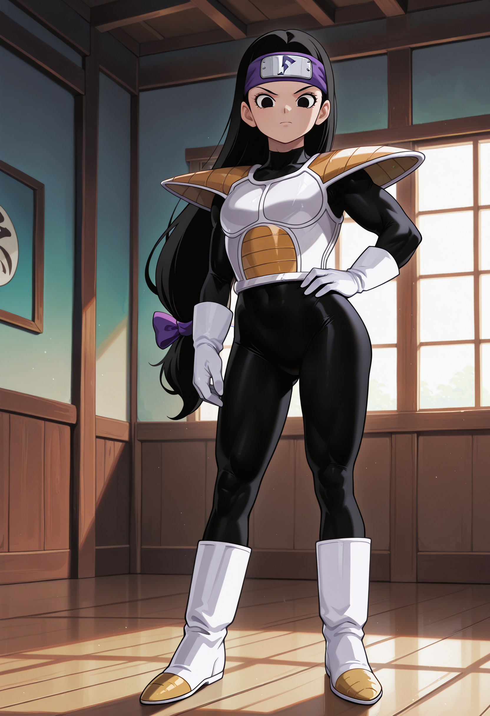 Tsch, 1girl, black hair, low-tied long hair, black eyes, purple bow, forehead protector, white saiyan armor, shoulder pad, black bodysuit, white gloves, white boots, muscular, hand on hip, looking at viewer, indoors, best quality, very aesthetic, masterpiece,