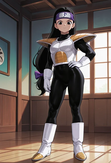 Tsch, 1girl, black hair, low-tied long hair, black eyes, purple bow, forehead protector, white saiyan armor, shoulder pad, black bodysuit, white gloves, white boots, muscular, hand on hip, looking at viewer, indoors, best quality, very aesthetic, masterpiece,
