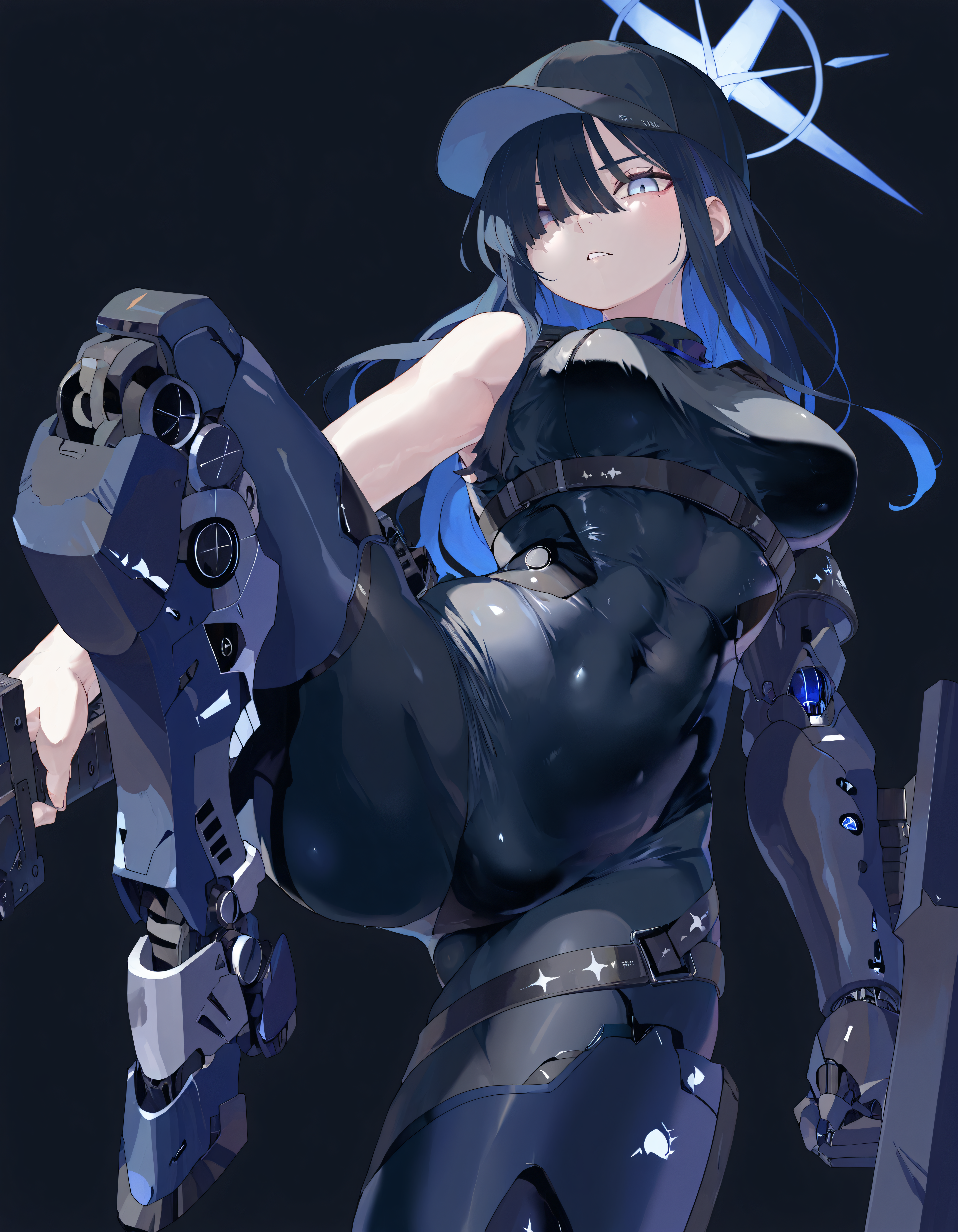 (masterpiece), (incredibly absurdres), best quality, <lora:Yu2maru-IL-V1_Aeromoia-000018:1>, yu2m, 1girl, saori \(blue archive\), halo, solo, bodysuit, medium breasts, looking at viewer, simple background, dark background, weapon, holding weapon, hair over one eye, prosthesis, mecha musume, mechanical arms, mechanical legs, science fiction