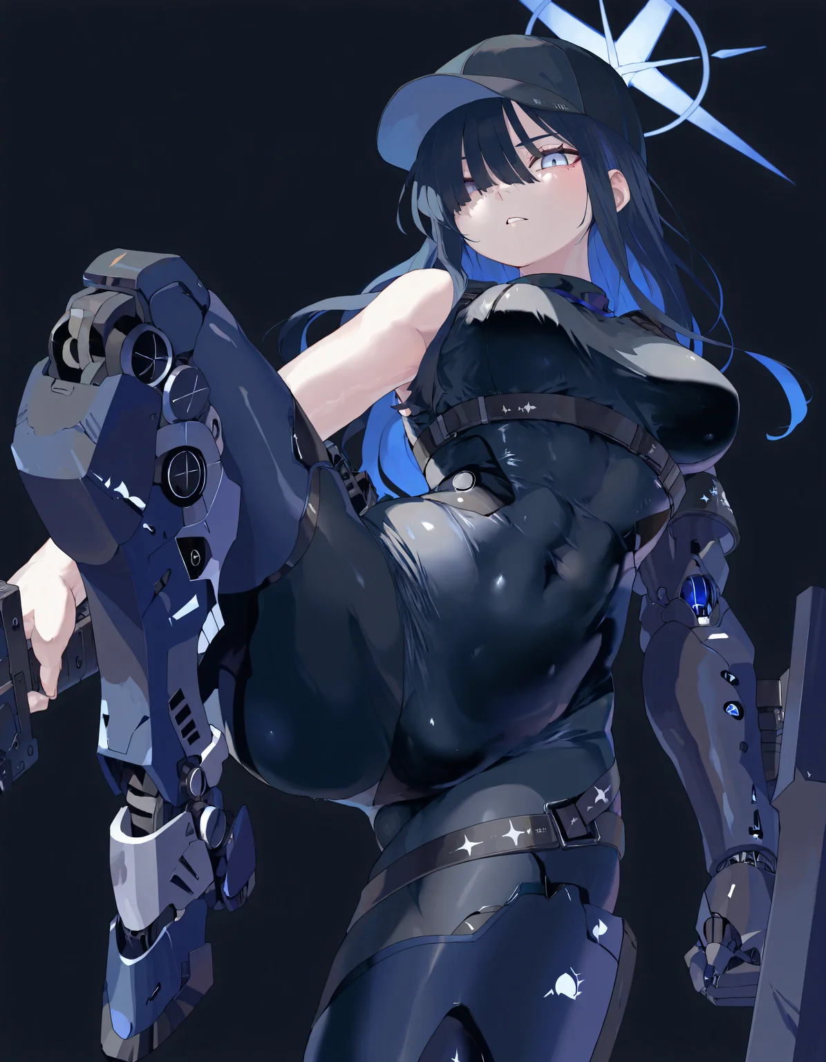 (masterpiece), (incredibly absurdres), best quality, <lora:Yu2maru-IL-V1_Aeromoia-000018:1>, yu2m, 1girl, saori \(blue archive\), halo, solo, bodysuit, medium breasts, looking at viewer, simple background, dark background, weapon, holding weapon, hair over one eye, prosthesis, mecha musume, mechanical arms, mechanical legs, science fiction