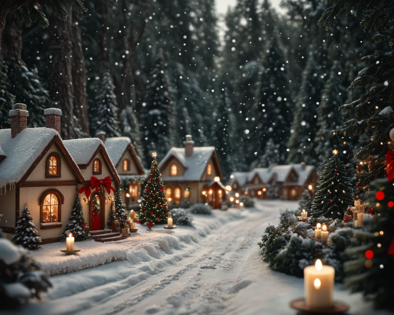 score_6_up,score_5_up,score_4_up, masterpiece, best quality, very aesthetic, life-like, depth of field, detailed textures, bright colors, natural light, ultra HD, fine details, soft background blur, <lora:Wolvies_Christmas_Village_STYLE_v241215.0040:1> xmas_village, holiday, Christmas, scenery, night, winter, Christmas tree, lamppost, a small village at night, at Christmas time, with candles in the windows, snow covered, falling snow, cozy look at feel, cheery, incredible quality, highly realistic, incredible detail, 32k, complex, photographic quality, masterpiece, best quality, very aesthetic,, Albumen print, depth of field, tilt shift, cottage, storybook architecture, Thomas Kinkade style, tilt shift photography, shimmering lights, brilliant colors