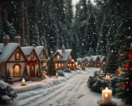 score_6_up,score_5_up,score_4_up, masterpiece, best quality, very aesthetic, life-like, depth of field, detailed textures, bright colors, natural light, ultra HD, fine details, soft background blur, <lora:Wolvies_Christmas_Village_STYLE_v241215.0040:1> xmas_village, holiday, Christmas, scenery, night, winter, Christmas tree, lamppost, a small village at night, at Christmas time, with candles in the windows, snow covered, falling snow, cozy look at feel, cheery, incredible quality, highly realistic, incredible detail, 32k, complex, photographic quality, masterpiece, best quality, very aesthetic,, Albumen print, depth of field, tilt shift, cottage, storybook architecture, Thomas Kinkade style, tilt shift photography, shimmering lights, brilliant colors