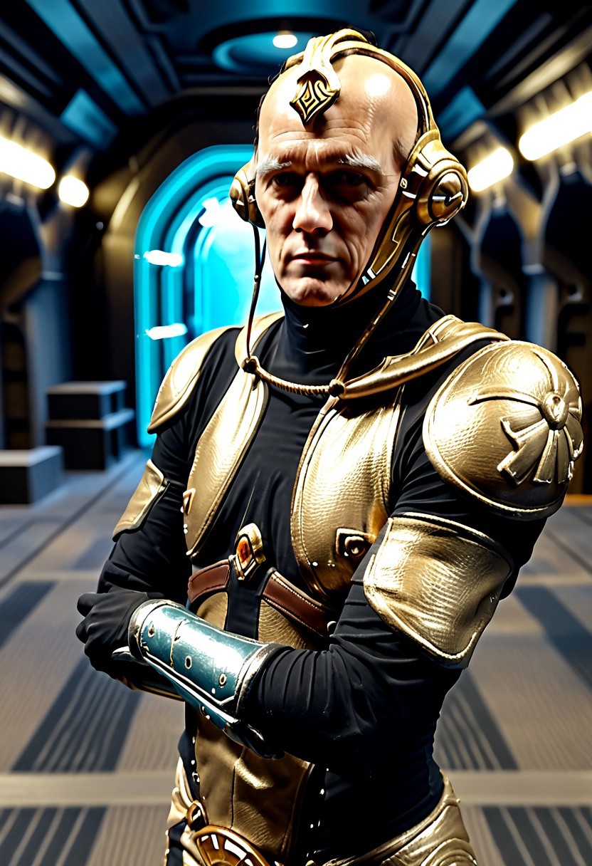 Corpus crewman in a spaceship corridor, science fiction, star wars, dramatic shot, , athletic build,
realistic texture, realism, best quality, 
Dax, dax armor, male dax armor, bishamo armor, male bishamo armor, man, gold dax armor, Wearing dax male helmet, dax male helmet,  gold armor. Arms crossed,