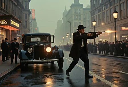 score_9, score_8_up, score_7_up, masterpiece, ultra-detailed, photorealistic, high resolution, cinematic lighting and shadows, gritty texture, noir aesthetic, low-angle Dutch tilt (12° counterclockwise), 1920s gangster action scene,
a man firing a 1928 Thompson machine gun from the hip, aggressive stance, bright muzzle flash, bullet casings flying, tracer rounds visible, reflections of gunfire in wet asphalt puddles, fedora hat, black trench coat blowing in the wind, white shirt, vest, black polished shoes,
luxury 1930s car with chrome details, dramatic 3/4 front view, rear door open,
crowd of panicked citizens in 1920s attire — men and women, shocked, frightened expressions,
Great Depression-era American city in the background, tall buildings, fog, subtle rain, glowing clouds reflecting city light, muted color palette, noir cinematic atmosphere