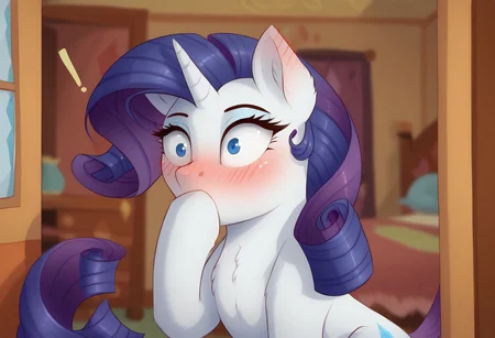 score_9, score_8_up, score_7_up, feral, female, gloomy lighting, (detailed,realistic), ((bedroom, standing in the doorframe, opened door)), (((distant view, visible room, caught masturbating))),
BREAK, 
((solo female)), (((feral))), ((rarity, white fur,)), tail, (front hoof on mouth:1.1), (((surprised, blushing)))