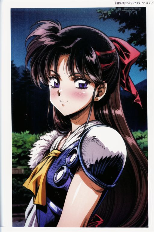 best quality 1girl Setsun4 solo long hair,  (night time) forest background black hair very long hair purple eyes multicolored hair armor, small, (fur trim) (medium body),<lora:EMS-179-EMS:0.800000>,<lora:EMS-293862-EMS:0.800000> bow, hair_bow, hair_tubes, red_bow, brown_hair, long_hair, bangs, ascot, frilled_bow, yellow_ascot, blush, smile, hair_between_eyes, athletic, armor, miko,  Smiling, happy,