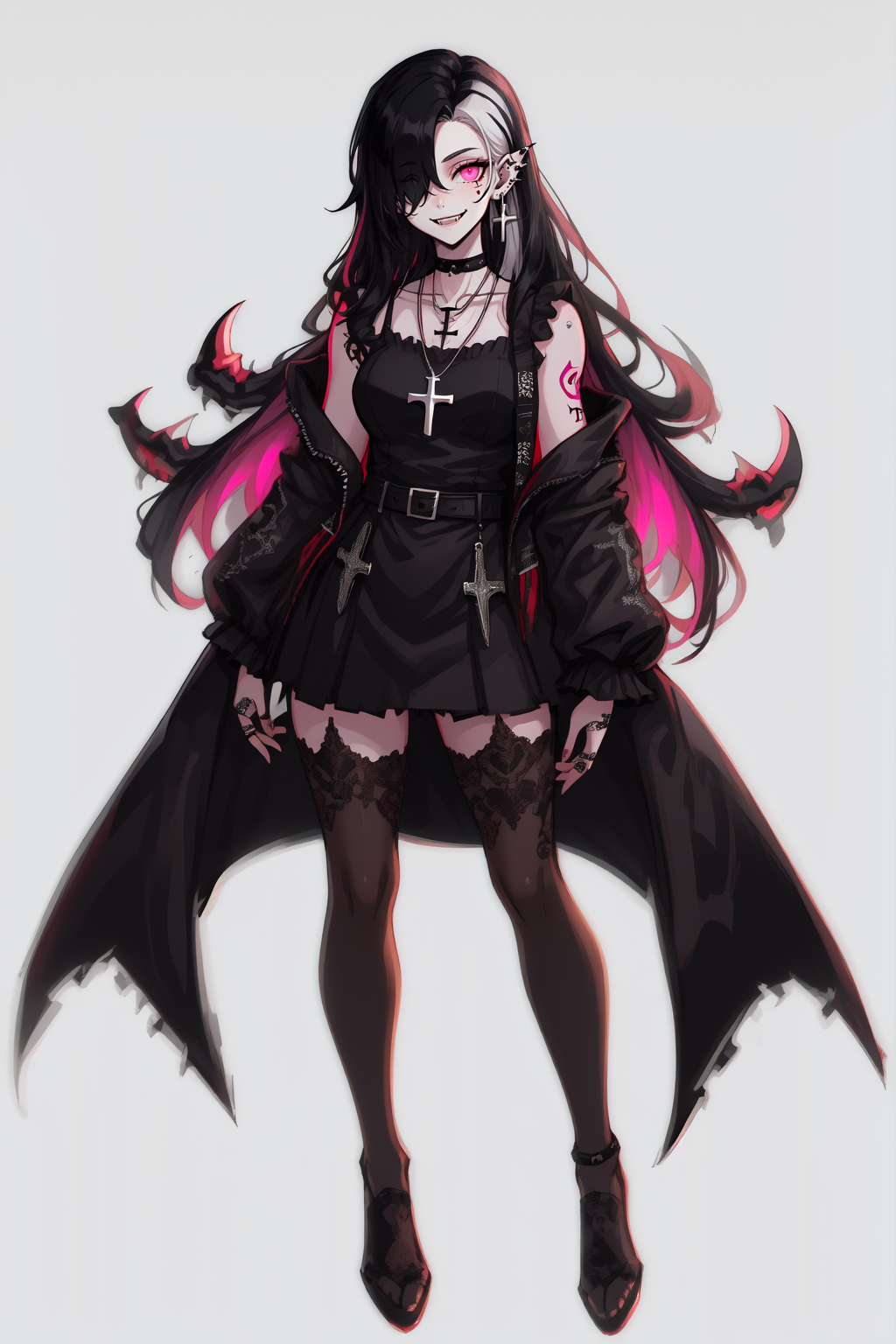 Goth girl, Goth girl 1girl 1girl,solo, adult, long hair,looking at viewer,smile,simple background,black hair,jewelry,white hair,multicolored hair,earrings,choker,pink eyes,grey background,necklace, (hair over one eye),two-tone hair,tattoo,fangs,piercing,cross,ear, piercing,(full body:1.5),stockings ,facial tattoo, dark background, simple background,   <lora:Goth_girl-v2:0.8>