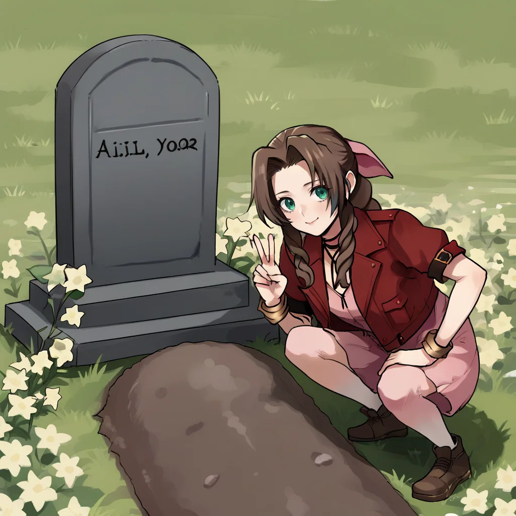 score_9, score_8_up, score_7_up, score_6_up, score_5_up, score_4_up, zPDXL2,source_anime,rating_questionable, aerith Gainsborough, flowers, peace sign, <lora:Oliver_Queens_Grave_Meme:0.8> oll13gr4v3, grass, squatting, tombstone, grave