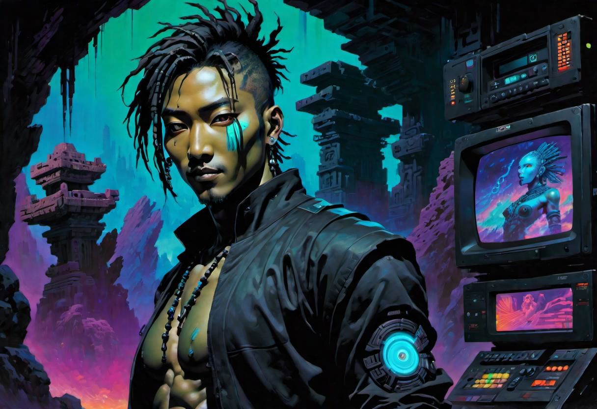 Hiro Protagonist , Sci-fi painting, masterpiece by frank frazetta, dark vaporwave color palette, background of tv static and Mayan ruins, artful painting of a gorgeous queer cyberpunk boy, masculine, Black and Asian facial features with a confident smirk, very short dreads sticking up, sleek black fitted t-shirt, black techwear jacket, black techwear pants, big transparent goggles, with a futuristic computer terminal made of smooth black glass hanging from a shoulder strap
