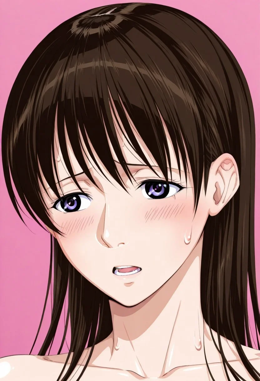 score_9, score_8_up, score_7_up, source_anime,(extremely detailed CG), (best quality),
1girl, solo, blush, brown hair, pink background, open mouth, purple eyes, long hair, sweat, simple background, portrait, sweatdrop, karen