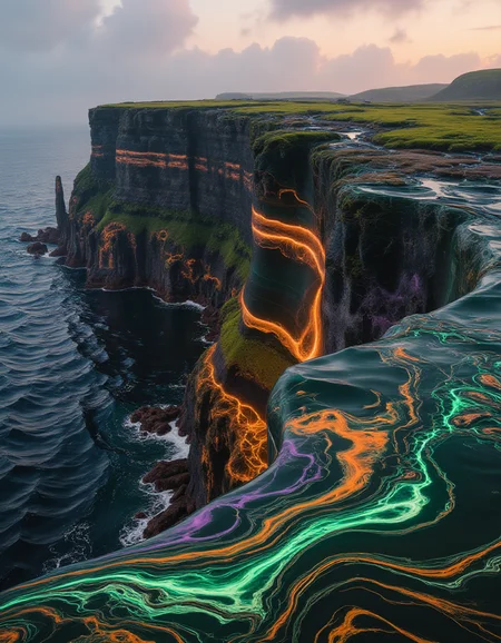 A towering cliff overlooking a glowing ocean at twilight, where the entire cliffside is composed of flowing liquid marble. The wavy patterns shift between vibrant hues of emerald green, fiery orange, and lavender, reflecting the soft glow of the setting sun. Pools of liquid marble form along the base of the cliff, their glossy surfaces rippling with iridescent light that mirrors the dynamic colors of the sky. Above, a glowing mist blends the cliffside into the horizon, creating a seamless, ethereal connection between land, sea, and air.
<lora:ral-lqdmrbls-flux_000004000:1>