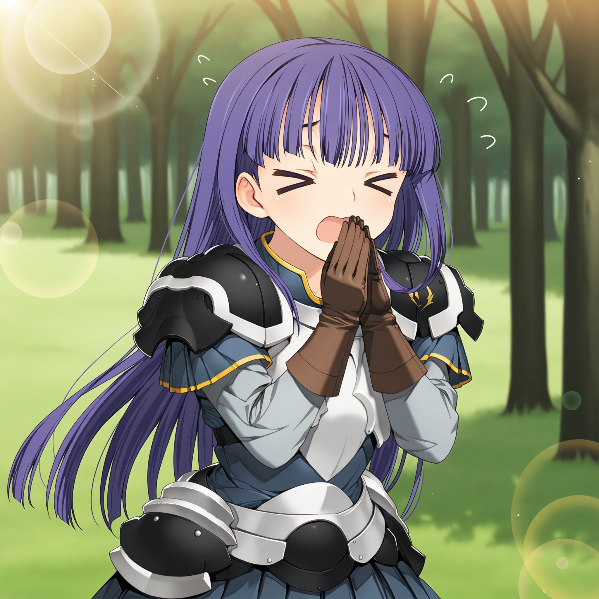 <lora:Arlcoate_Marius_1_nai:1>,Arlcoate Marius,armor,breastplate,shoulder armor,brown gloves,pauldrons,pleated skirt,faulds,
1girl,solo,closed eyes,>_<,front view,own hands together,arms up,open mouth,depth of field,lens_flare,
