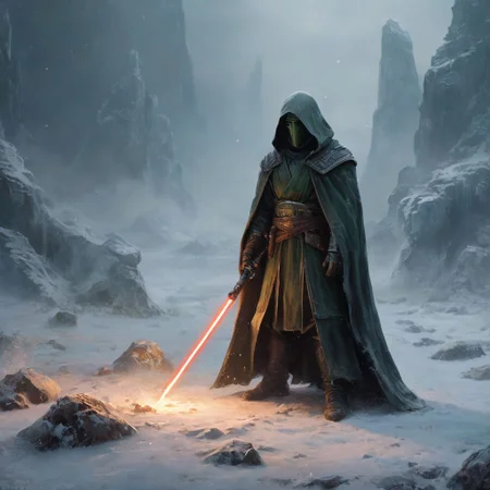Hyperrealistic art In a frozen landscape, amidst the frozen and weathered stone, a master Jedi stands as a beacon of light against the encroaching darkness. His figure, cloaked in flowing robes adorned with intricate Jedi insignia, in a frozen landscape.
. In one hand, he holds his lightsaber, its vibrant green blade shimmering with the hum of untold power. The weapon's hilt, adorned with intricate engravings and pulsing with energy,
As the Jedi stands amidst the frozen ruins, a sense of quiet strength emanates from his presence. His posture, poised and confident.
<lora:xl_more_art-full_v1:0.3> . 35mm photograph, film, bokeh, professional, 4k, highly detailed . Detailed, vibrant, immersive . Extremely high-resolution details, photographic, realism pushed to extreme, fine texture, incredibly lifelike. a dead sith in black robes lay before him. their lightsaber on the ground near their body. as the jedi stares down at their fallen adversary.