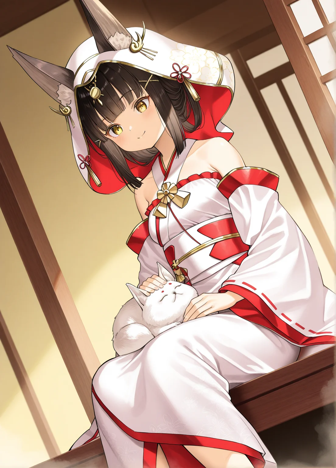 <lora:nagato_IL_v1.0:1>,nagato \(great fox's white gown\) \(azur lane\),uchikake,(kuroi suna:0.7),smile,animal on lap,solo,dutch angle,sitting,, masterpiece,best quality,