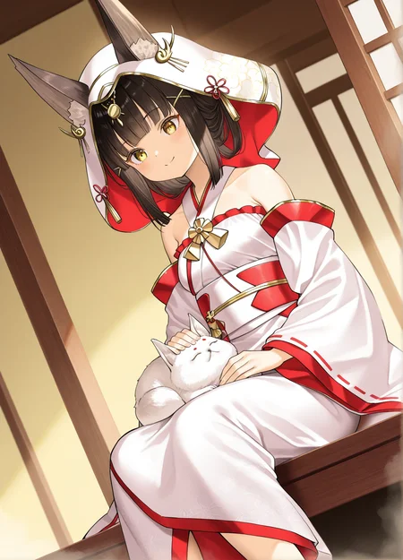 <lora:nagato_IL_v1.0:1>,nagato \(great fox's white gown\) \(azur lane\),uchikake,(kuroi suna:0.7),smile,animal on lap,solo,dutch angle,sitting,, masterpiece,best quality,